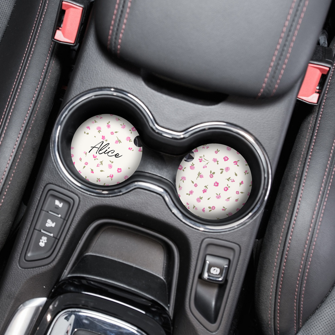 Personalised Name Car Coasters - Pink Watercolour Flowers