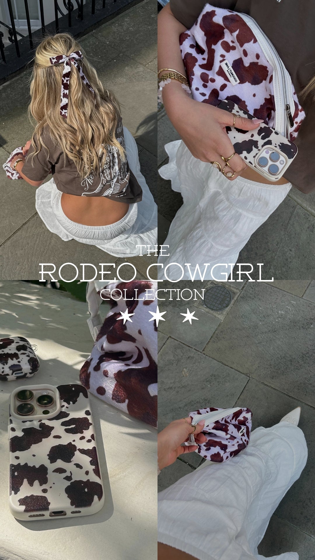 Person with long blonde hair, wearing a brown top and white pants, holds a cow-print phone case and bag. Overlay text reads "The Rodeo Cowgirl Collection" with stars. Various close-ups of accessories shown.