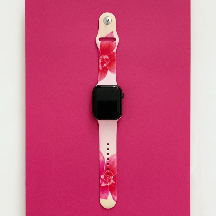 Pink Apple Watch Strap with pink orchid flowers.