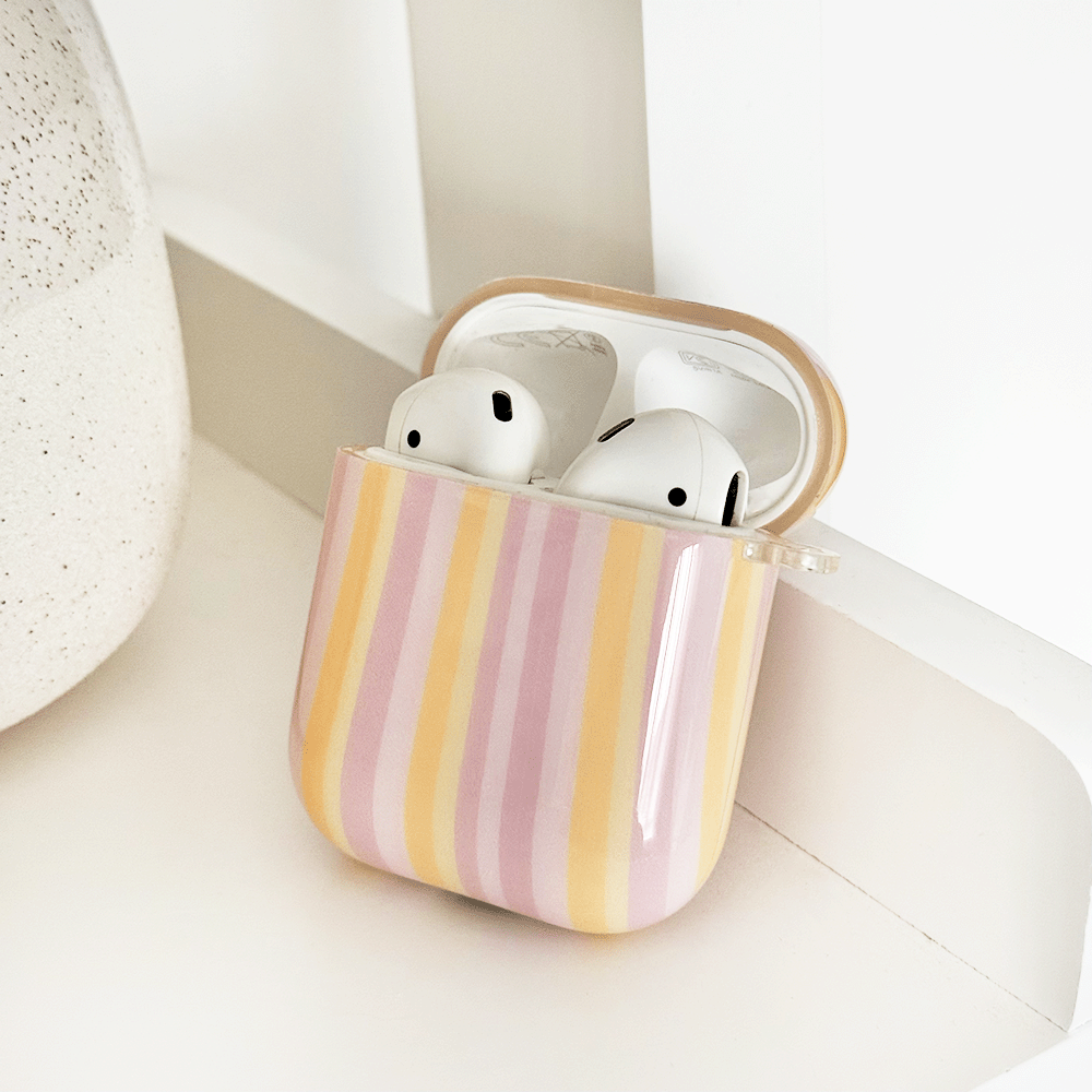 Pink, orange and yellow striped AirPods Case to fit on Apple AirPods.