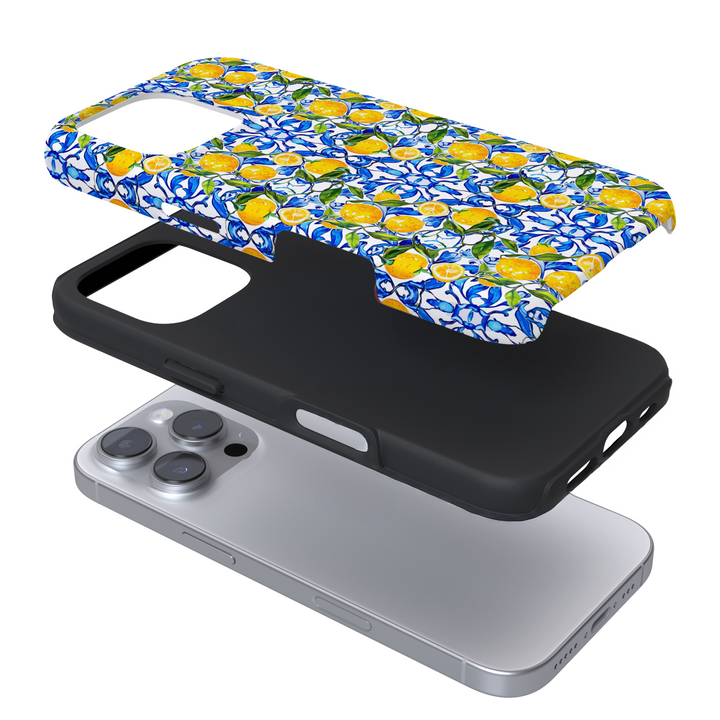 Expanded view of a phone case with a lemon pattern on a white background