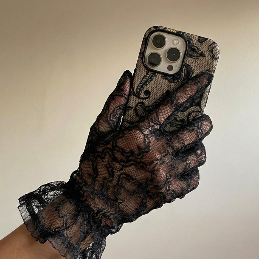 Girl with lace glove on holding the Black Lace Phone Case Tough Magsafe