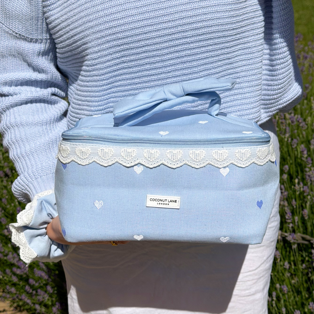 Blue Hearts Vanity Case close up image bow and lace