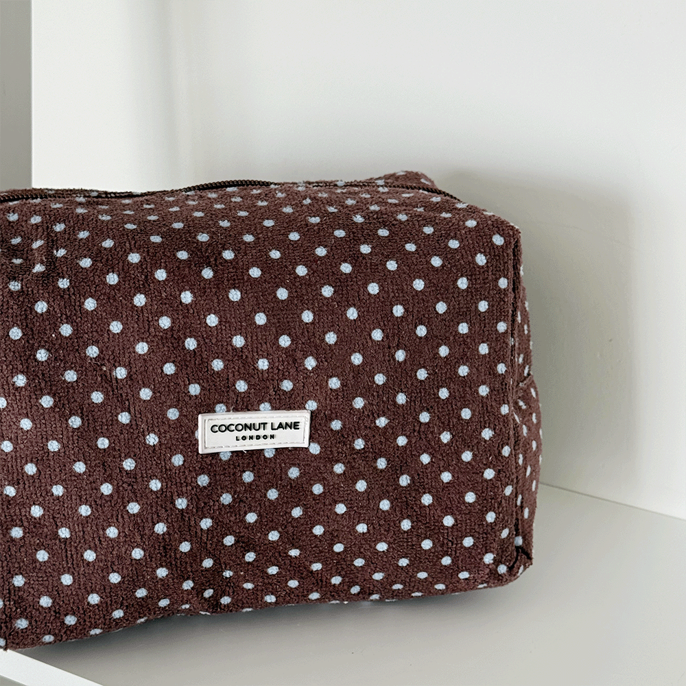 Brown towel texture Makeup Bag with blue polka dot design. 