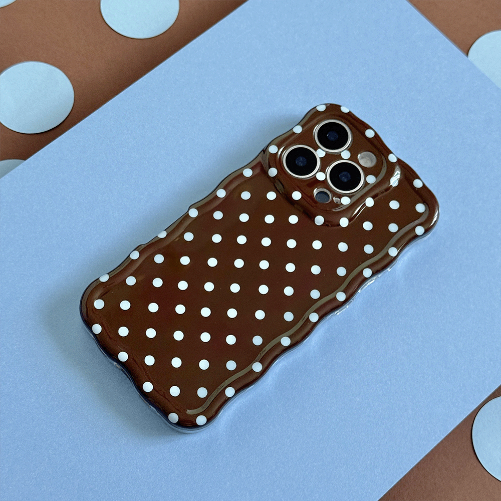 Brown Phone Case with blue polka dot design.
