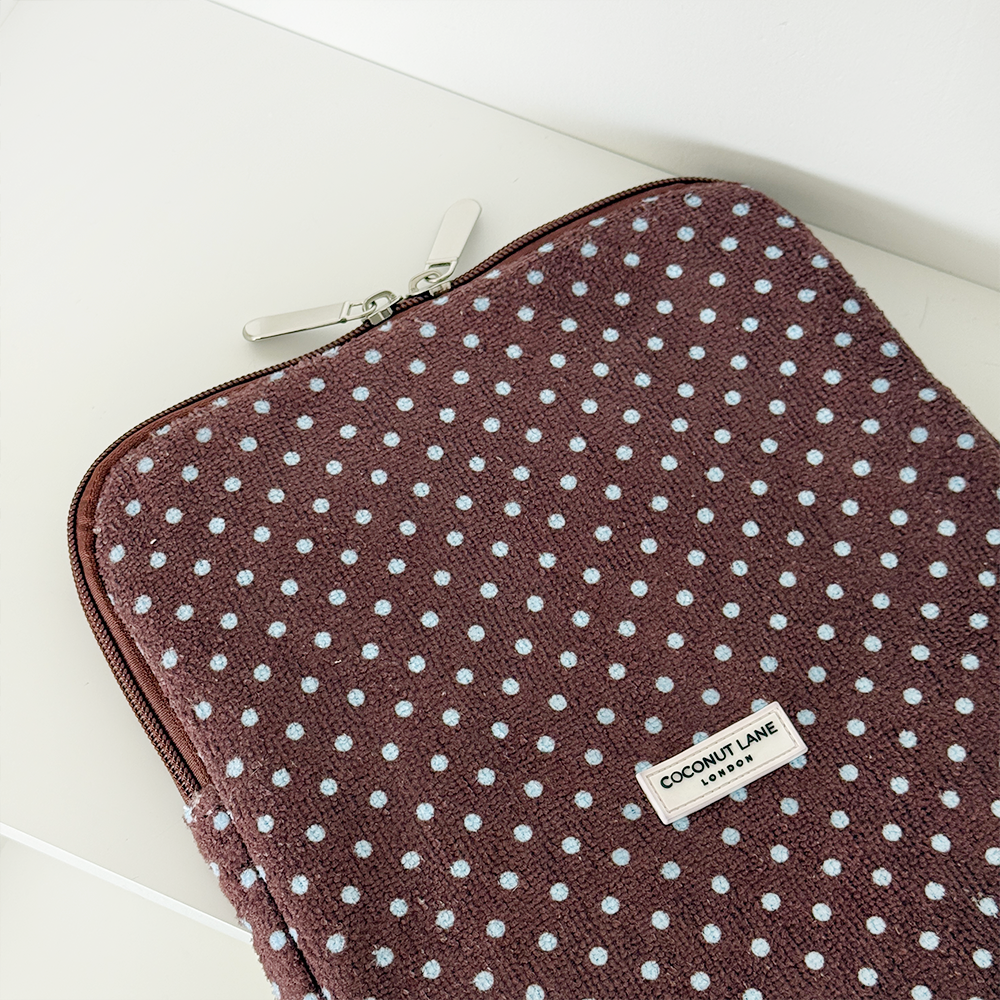 Brown and blue polka dot iPad sleeve with a towel-like texture by Coconut Lane.