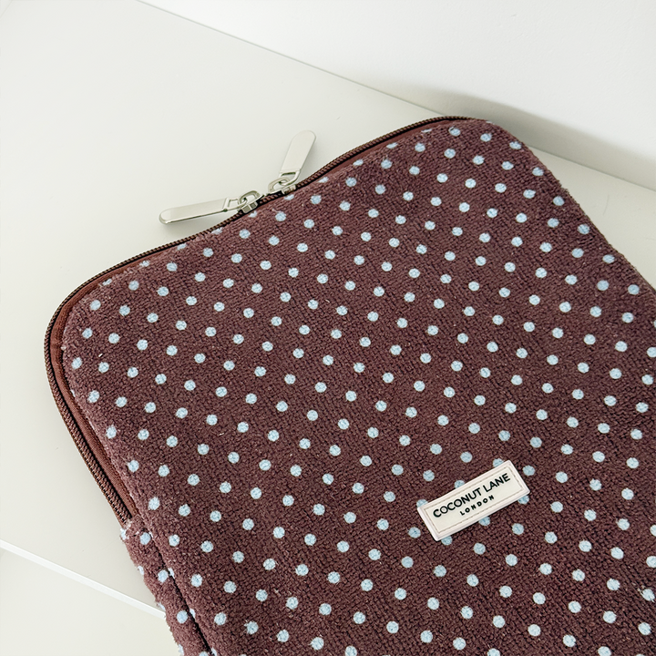Brown and blue polka dot iPad sleeve with a towel-like texture by Coconut Lane.