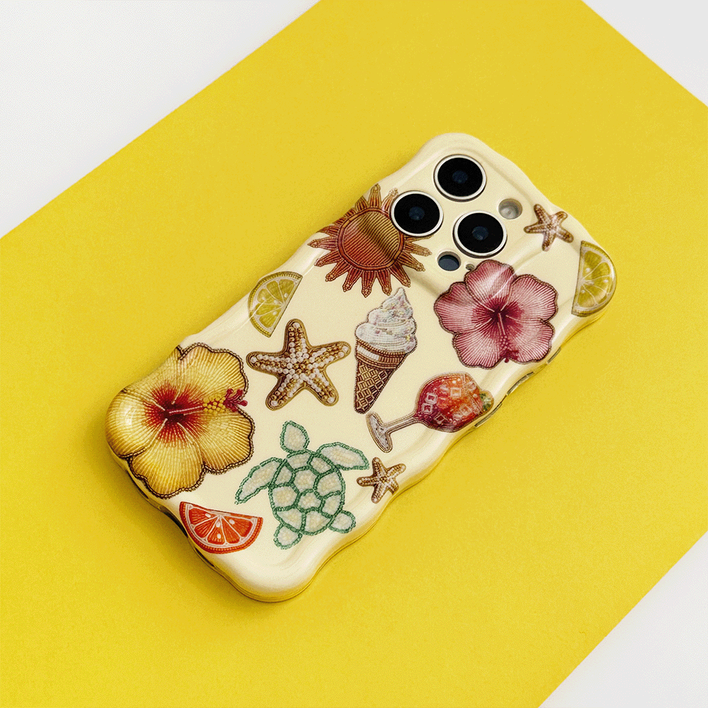 Yellow Wavy Phone Case with colorful tropical flower, starfish, turtle, fruit, and ice cream illustrations.