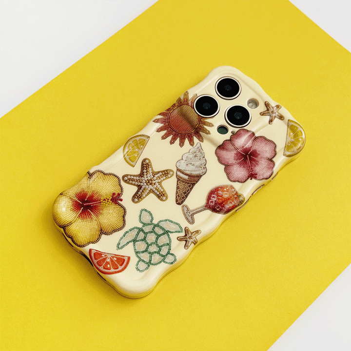 Yellow Wavy Phone Case with colorful tropical flower, starfish, turtle, fruit, and ice cream illustrations.