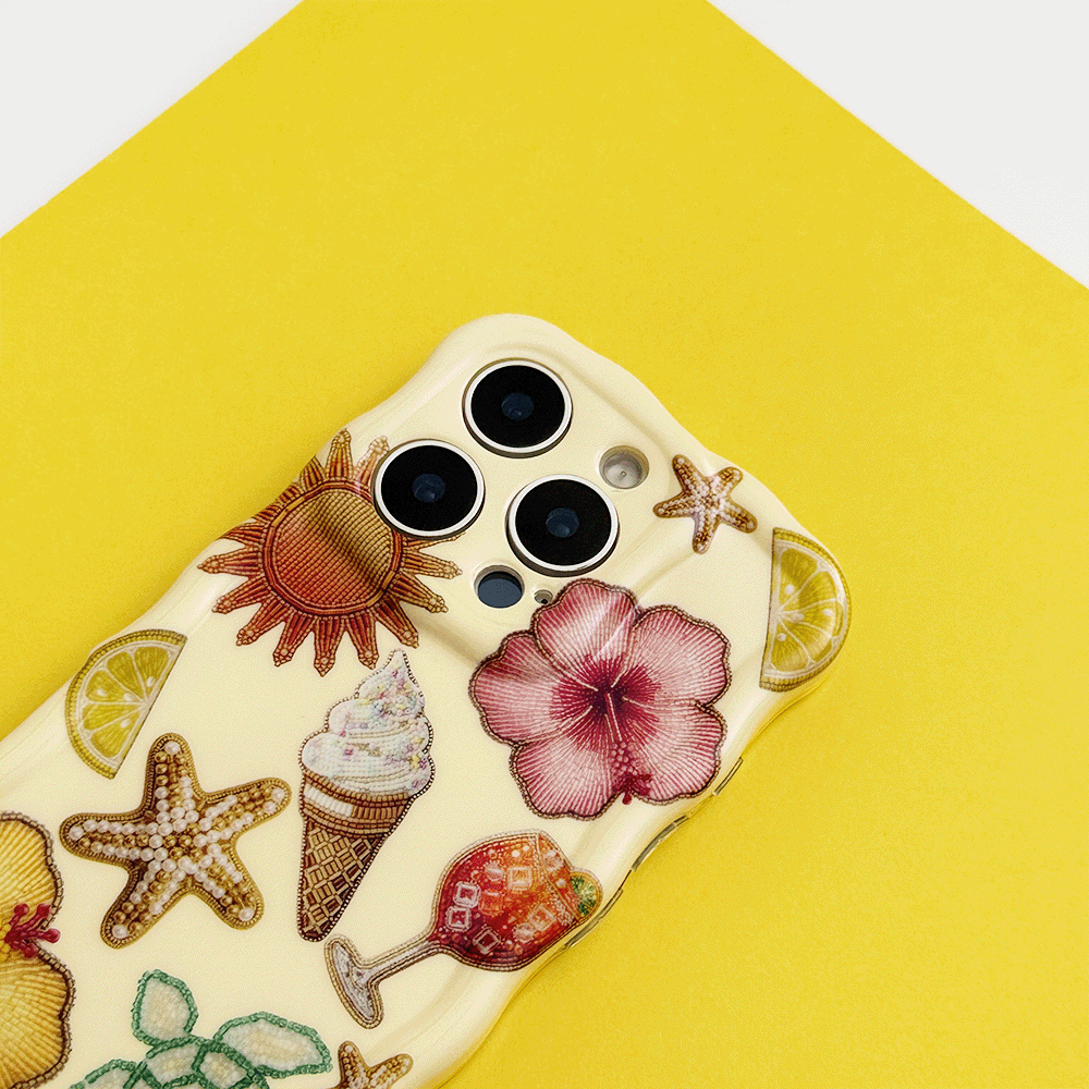 Yellow Wavy Phone Case with colorful tropical flower, starfish, turtle, fruit, and ice cream illustrations.