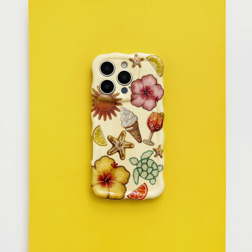 Yellow Wavy Phone Case with colorful tropical flower, starfish, turtle, fruit, and ice cream illustrations.