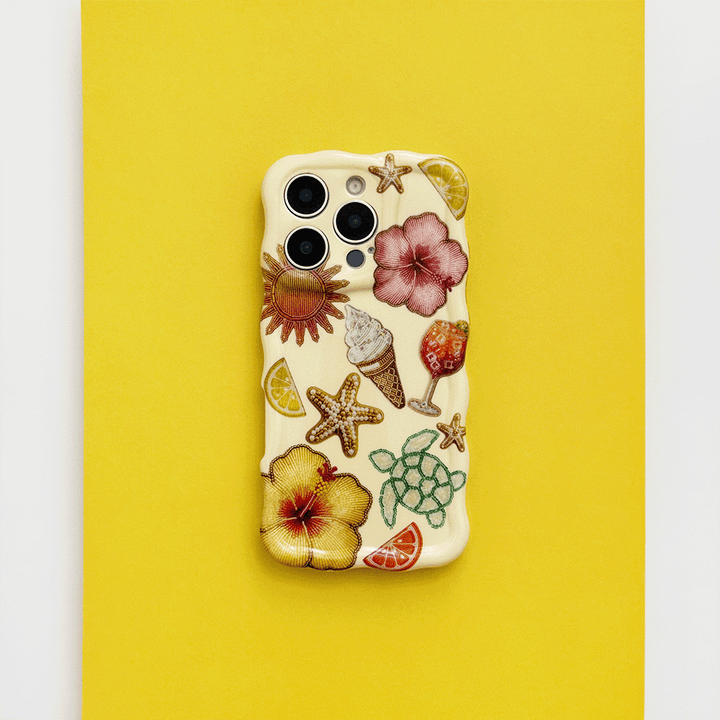 Yellow Wavy Phone Case with colorful tropical flower, starfish, turtle, fruit, and ice cream illustrations.