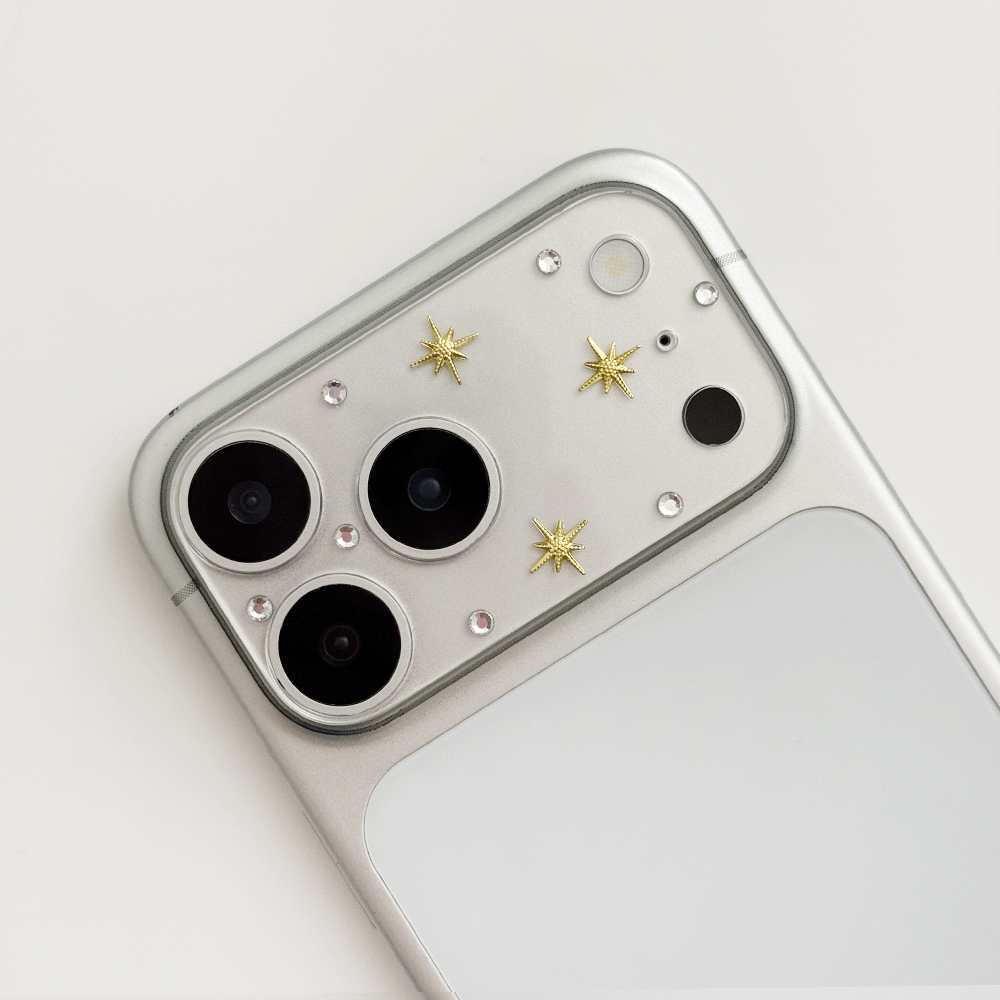 Clear Camera Lens Protector to fit iPhone 17 Pro or iPhone 17 Pro Max. Design features gold stars and diamantes.