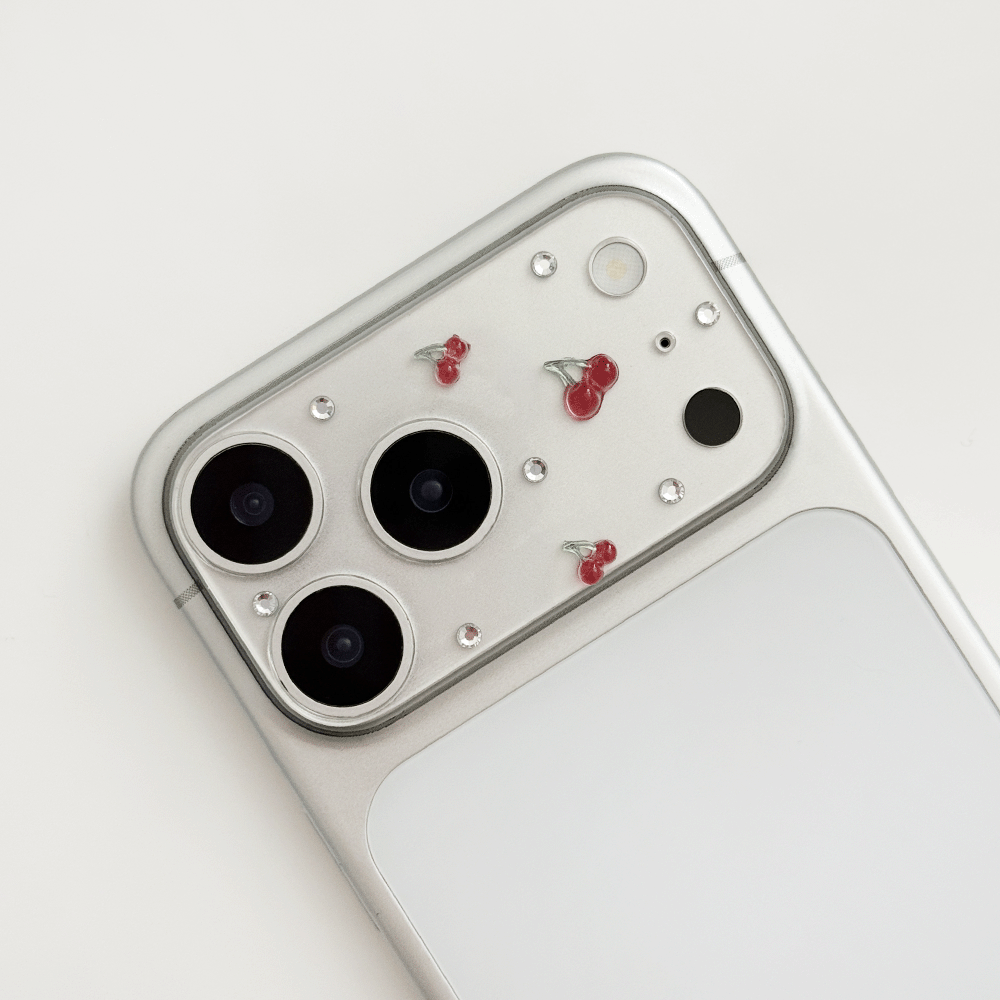 Clear Camera Lens Protector to fit iPhone 17 Pro or iPhone 17 Pro Max. Design features cherries and diamantes.