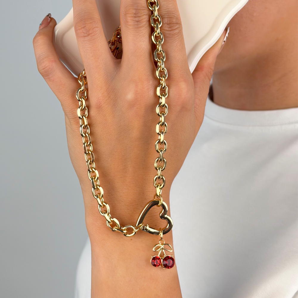 Charm Bar Chain Chunky Heart Ring with Cherry Charm attached