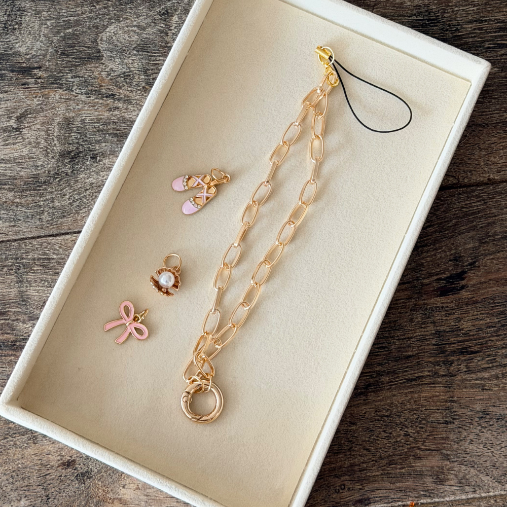 Charm Bar Paperclip O Ring in jewellery box with charms