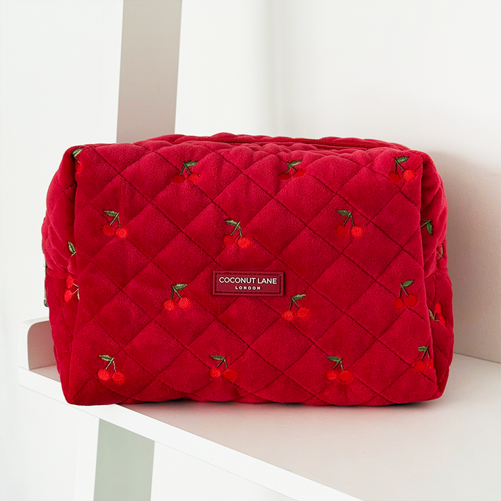 Quilted Cherry Velvet Makeup Bag