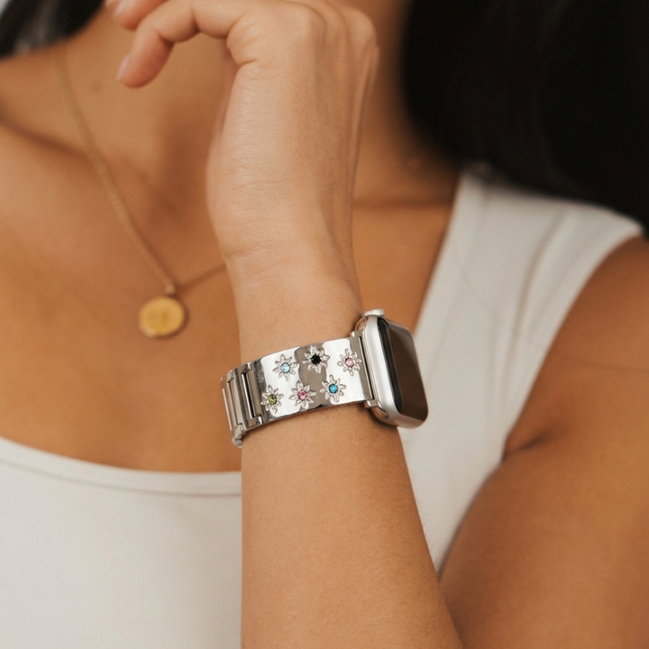 Ibiza Coloured Stone Apple Watch Strap - Silver