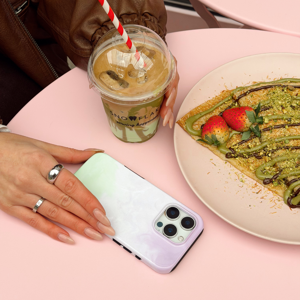 Lavender Tough Phone Case on a pink table with a matcha and pancakes