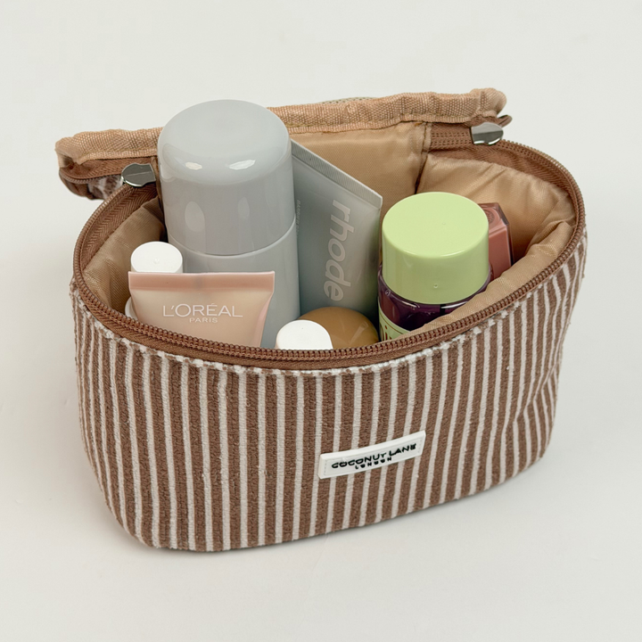 Mini vanity chestnut stripes filled with makeup