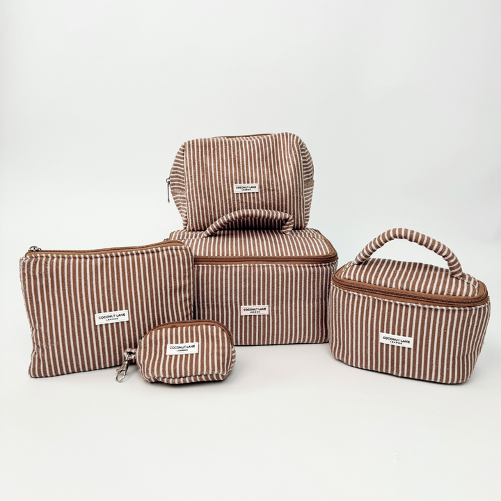 Group image of chestnut stripes makeup bags
