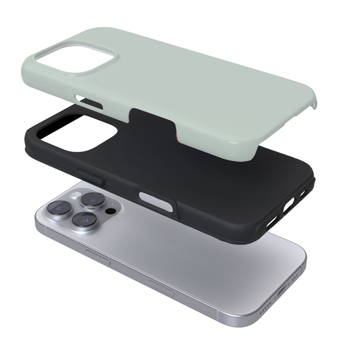 Expanded view of a sage phone case on a white background