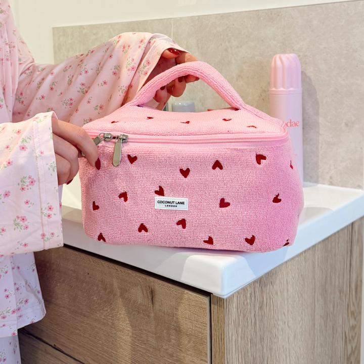 Pink Heart Vanity Case in bathroom