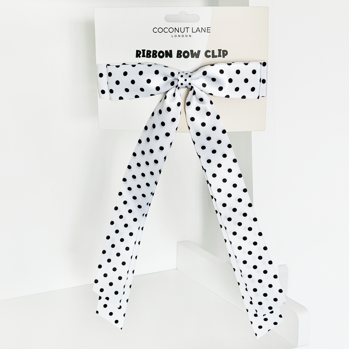 Ribbon Bow Clip - White Polka Dot