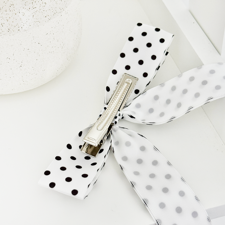 Ribbon Bow Clip - White Polka Dot