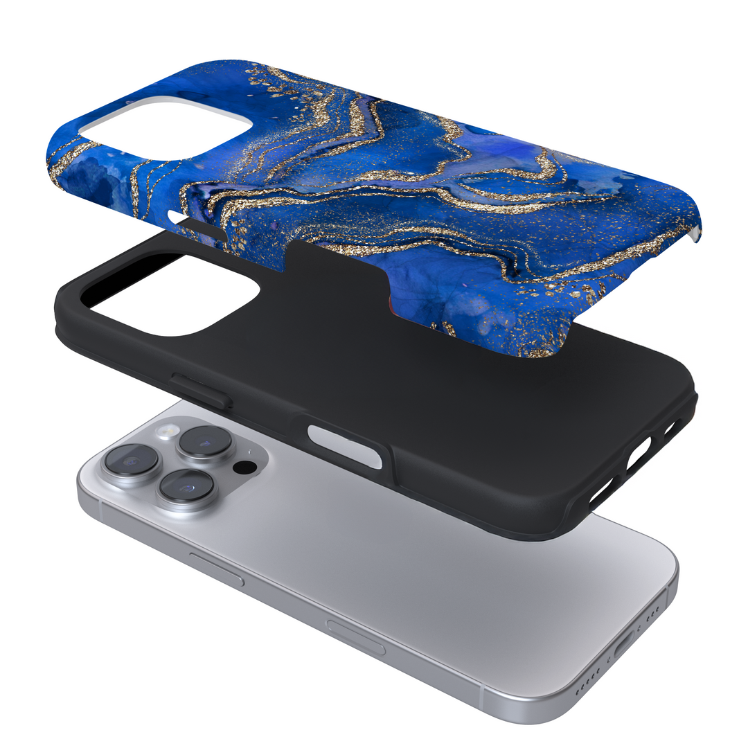 Expanded view of a phone case with a marbled blue and gold crystal design on a white background