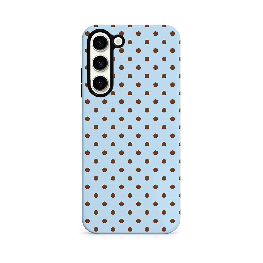 Light blue Phone Case with brown polka dots on a light blue background.