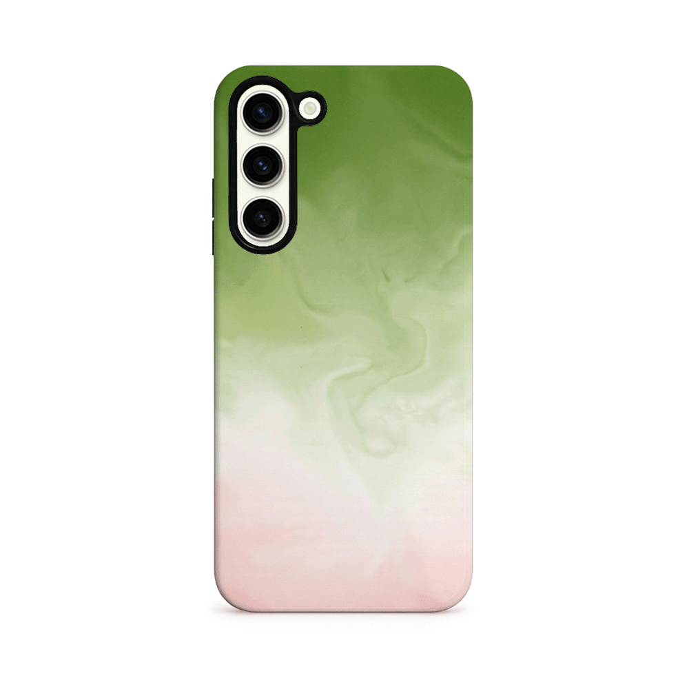 Phone case with a gradient design transitioning from green to pink on a white background.