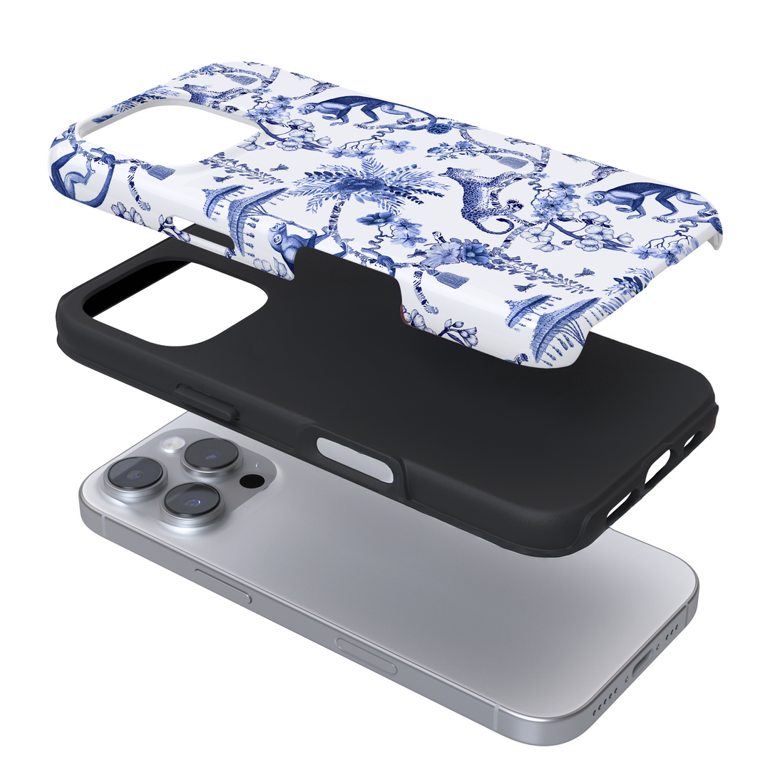 Expanded view of a phone case with a blue and white floral pattern on a white background