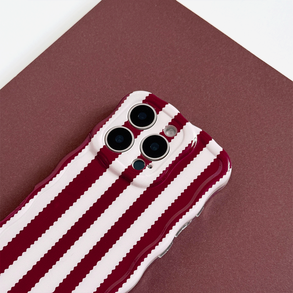 Burgundy and light pink striped Phone Case with wavy edging, Phone Case covers and protects camera area.