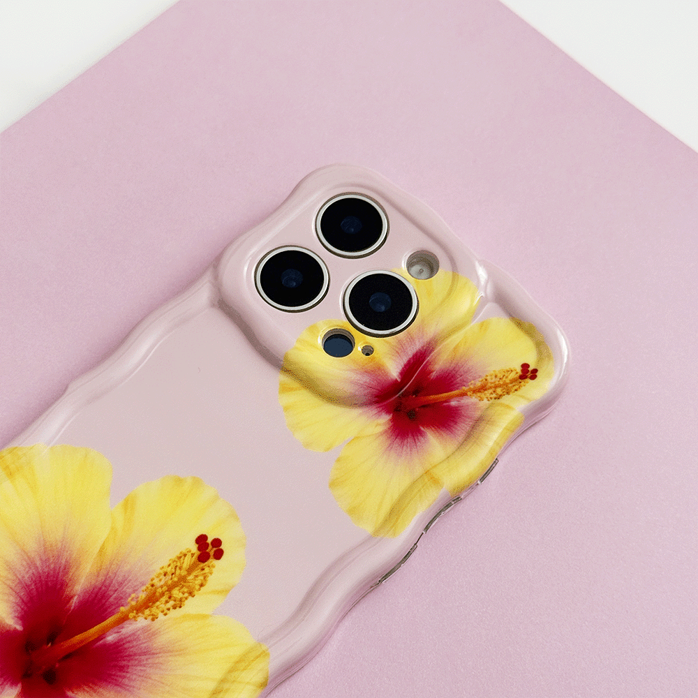 Pink Wavy Coconut Lane Phone Case with yellow hibiscus flower design.
