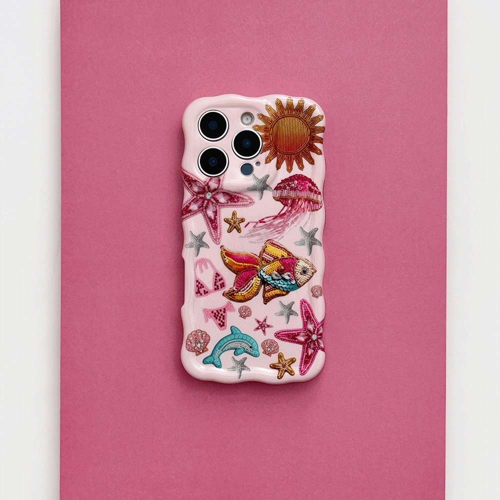 Pink Wavy Phone Case with sun, fish, starfish, and dolphin illustrations.
