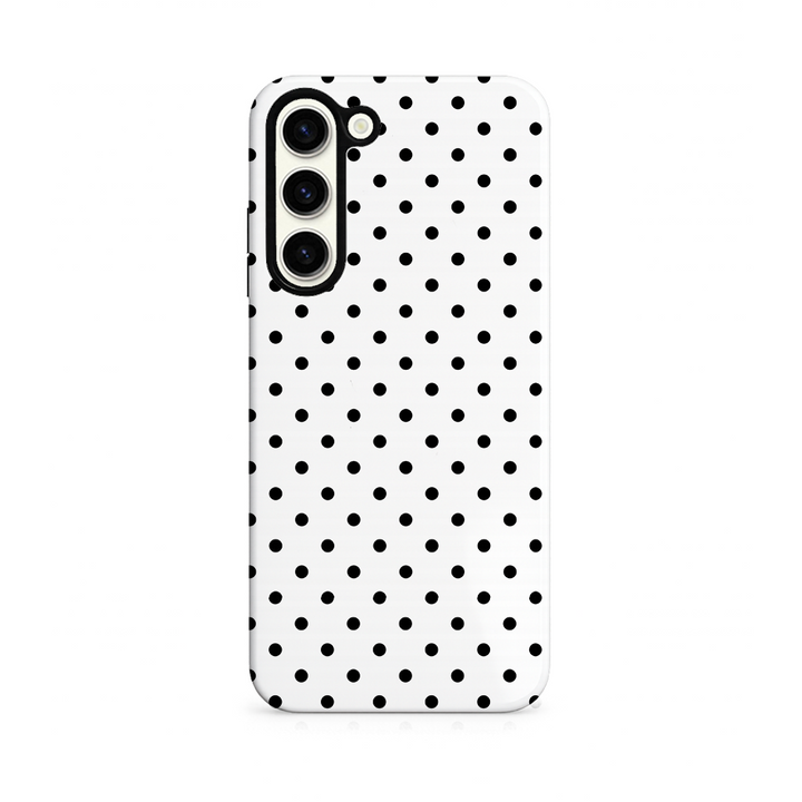 Phone case with black polka dot pattern on a white background
