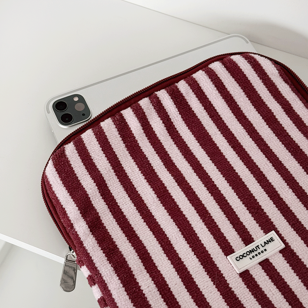 Burgundy and light pink striped iPad Sleeve, with silver zip and Coconut Lane logo badge.