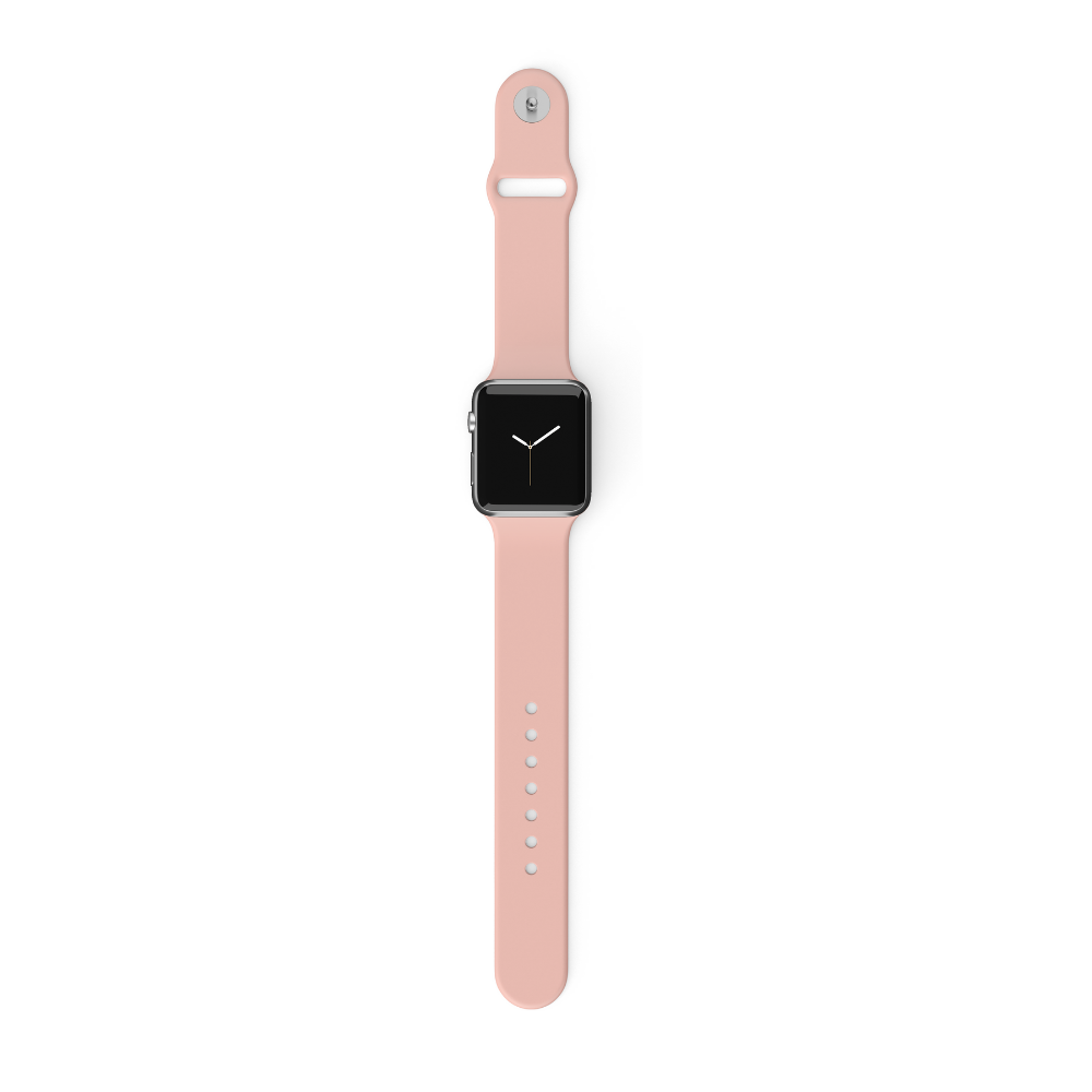 The NAKD Apple Watch Strap in Coral Pink by Coconut Lane is a smart watch strap with a square face and blank screen, featuring a light pink, spring-inspired pastel band. The durable silicone strap includes multiple adjustment holes and a metal fastening pin. The watch is laid flat with the band fully extended.